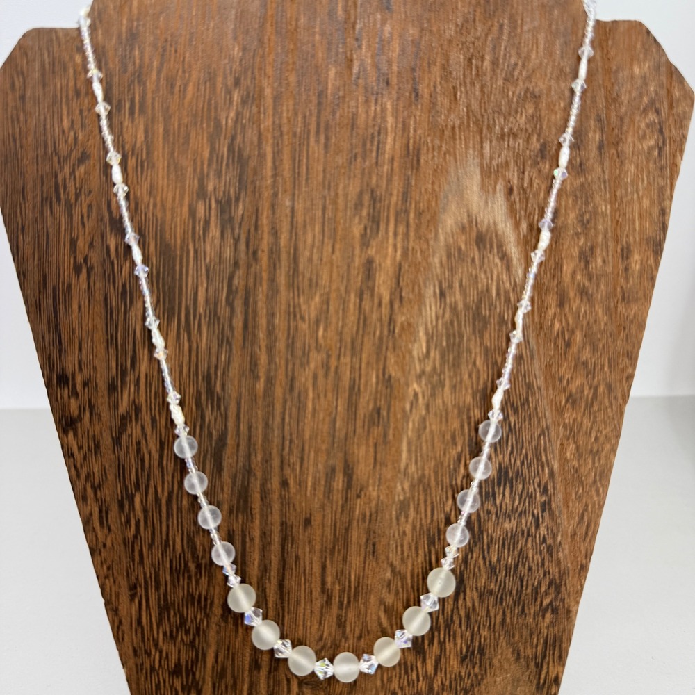 Vintage Frosted Glass AB Crystal Pearl Beaded Necklace Filigree Clasp Iridescent